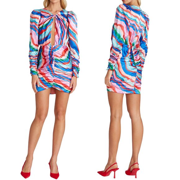 NWT AMUR Maxine Ruched Cut-Out Mini Party Dress, Multi-Color, Size 4 ($595) - Picture 1 of 8